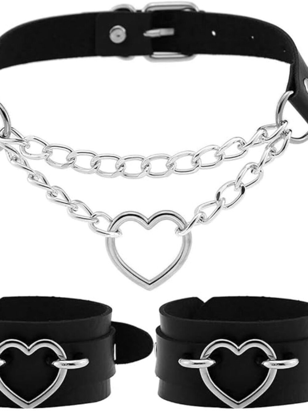 Leather Chains Necklace with Heart Charm Bracelets Sets